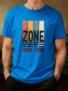 Camiseta de Manga Corta Negra con Estampado Zone Wave Zone en Colores Vibrantes y Diseño de Ondas - Ideal para Playa, Verano y Estilo Casual - Azul - Ver 1