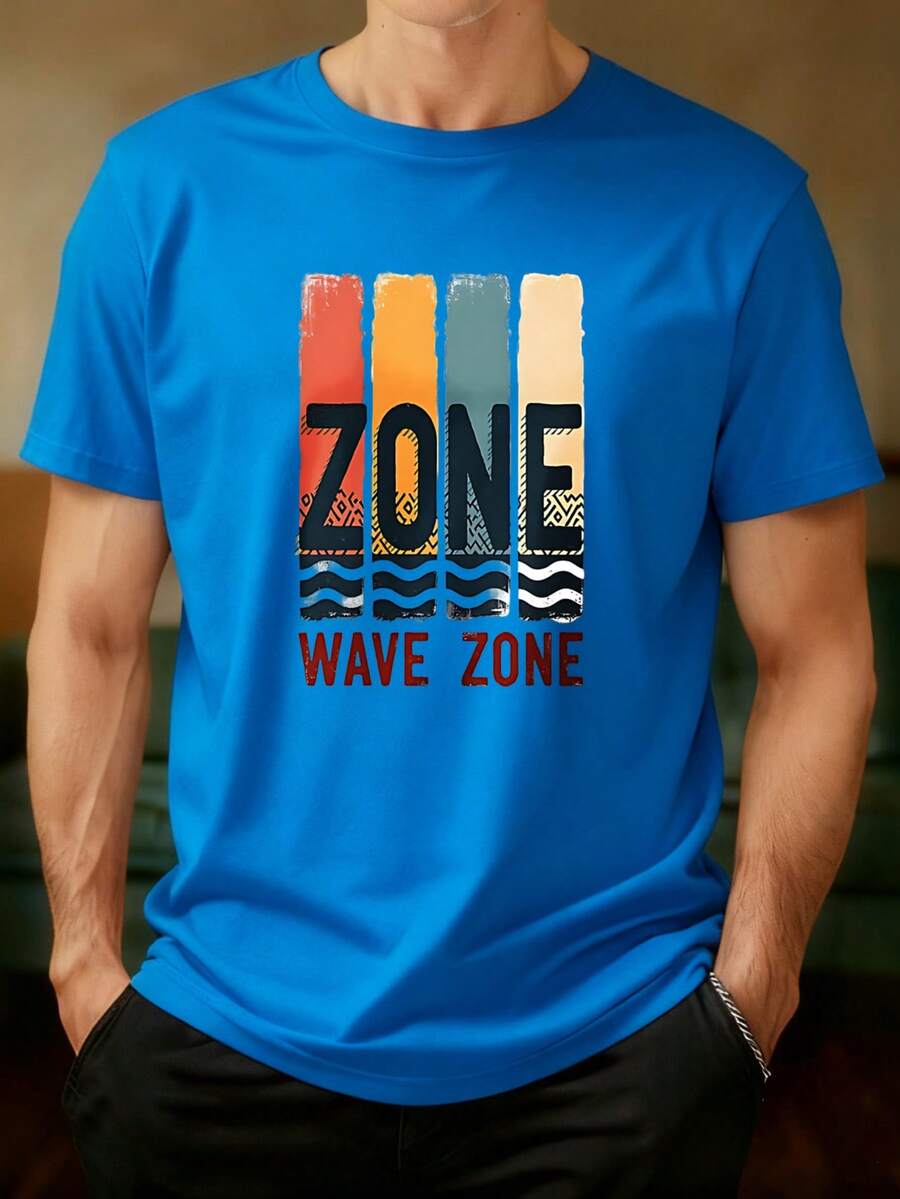 Camiseta de Manga Corta Negra con Estampado Zone Wave Zone en Colores Vibrantes y Diseño de Ondas - Ideal para Playa, Verano y Estilo Casual - Azul - Ver 1