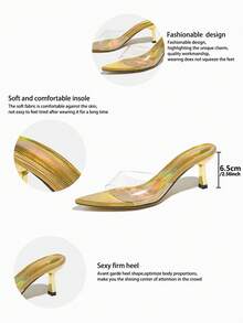 女士高跟鞋,适合春夏、夜店派对、T台秀、聚会、户外旅行、约会、宴会、休闲、办公等场合,百搭金色猫跟尖头魅力PVC透明果冻穆勒鞋带闪亮激光全息镜面材质套脚优雅浪漫高端闪亮金色高跟凉鞋 - 金色 - 查看 9