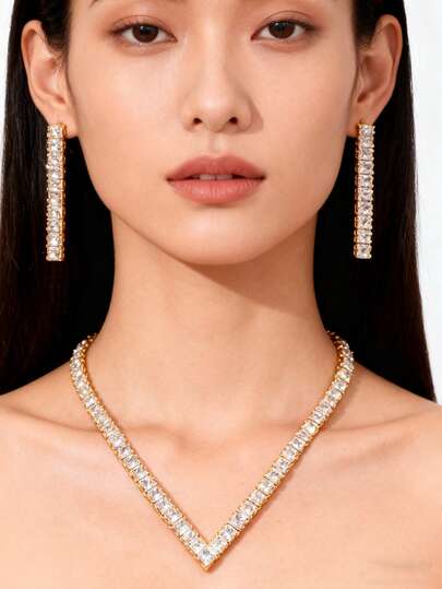 Set de 3 piezas de joyería con collar en forma de V y aretes con circonita completa, collar choker versátil y sexy para mujeres, accesorios nupciales