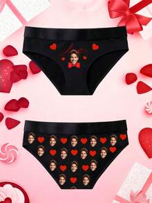 1pc Customized Photo Heart Design Women's Panties, Customized Thong, Thoughtful Personalized Gift, Customizable Item, Sexy Women's Underwear, Suitable For Home, Daily Wear, Holidays And Other Occasions - Black - View 3