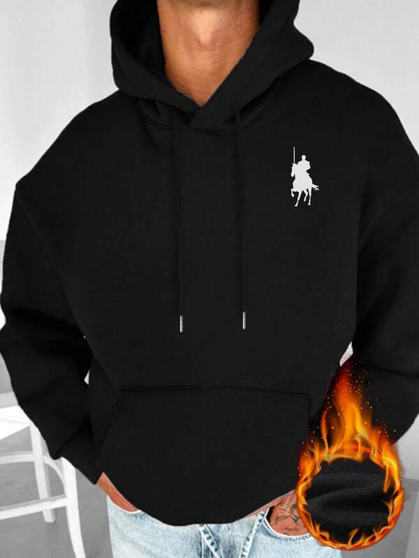 هودي رجالي مطبوع عليه رسم لفارس الخيل، مبطن حراريًا، بطراز الملابس الشارعية، للخريف/الشتاء