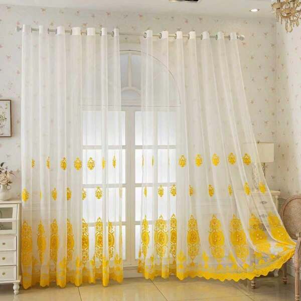 1pc Vintage European Style Beaded Sheer Curtain, Embroidered Floral Design, Dust-Proof