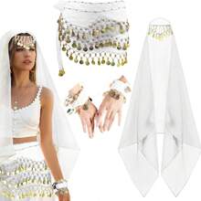 4 件套肚皮舞套装肚皮舞雪纺臀巾、头巾腕带舞蹈配饰带金币 - 彩色 - 查看 13