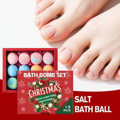 [Christmas Limited Edition] Salt Bath Balls Christmas Gift Set Of 12 Contains Essential Oils, Sea Salt, And Shea Butter. Nourishes And Moisturizes Tender Feet. Gently Exfoliates, Relieves Fatigue, And Helps You Relax And Sleep. Available In A Variety Of Fragrances. Beautifully Packaged For A Holiday Gift (4 Pieces Are Trial Sizes, Packaging May Vary).-Set 1
