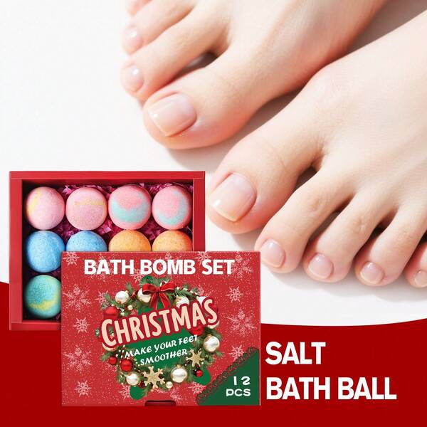 [Christmas Limited Edition] Salt Bath Balls Christmas Gift Set Of 12 Contains Essential Oils, Sea Salt, And Shea Butter. Nourishes And Moisturizes Tender Feet. Gently Exfoliates, Relieves Fatigue, And Helps You Relax And Sleep. Available In A Variety Of Fragrances. Beautifully Packaged For A Holiday Gift (4 Pieces Are Trial Sizes, Packaging May Vary).-Set 1