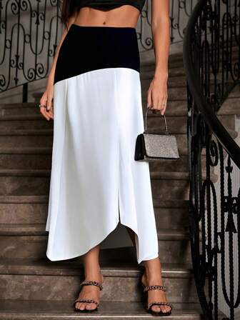 ARA CHIC Ladies' Black And White Contrast Slit Asymmetric Maxi Skirt – Design-Driven Elegant High-End Midi Skirt, Party & School Fashion, New Collection
