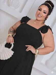 Plus Size Short Dress In Duna Fabric With Ruffled Straps And Elastic Back, Lined, Sizes GG G2 - 黑色 - 查看 2