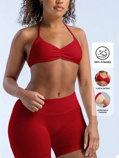 Top deportivo de mujer con soporte alto y efecto arrugado, sujetador deportivo sin costuras con tirantes de espagueti y efecto de plisado, top de yoga para entrenamiento