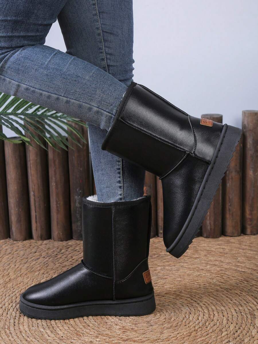 Western Style Thick Fleece Snow Boots For Women, Christmas Home Thick Sole Anti-Slip Boots, Brown, Black, Gray, Mid-Calf, Tall Snow Boots, Outdoor Thick Warm Boots, Casual Anti-Slip Snow Boots, Guiding Boots, Flat Furry Shoes, Comfortable Women Shoes - Black - View 1