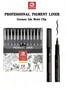 Mobee Super Black German Ink Pigment Liner Pen, 3/6/12 Pcs Fine Tip Pen Set, Metal Clip, German Ink, High-Quality Fine Tip Marker Pen, Water-Based Liner Pen, Master-Level Fine Art Drawing - màu đen - Xem 12