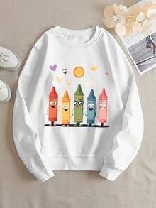 2026 New Year Outfit Women's Round Neck Sweatshirt - Olive Green Casual Pullover With Cute Crayon Pattern, Machine Washable Daily Sweater, Suitable For Art Teachers, Kindergarten Teachers' Fun Educational Clothing Gift, Cute Sweatshirt, Essential For Art Teachers, Kindergarten Dress Up, Cartoon Print Design, Comfortable Fit, Durable Fabric Loose And Comfortable Winter Clothes For Women - 白色 - 查看 12