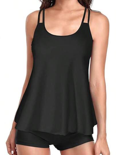 AUTOWT Traje de Baño Tankini para Mujer, 2 Piezas Conjunto de Baño con Control Abdomen, Sujetador Extraíble y Tirantes Ajustables, Top Holgado con Short Natación