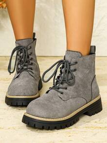 25 Grey Women's Chelsea Ankle Boots, Autumn/Winter, European And American Style Chunky Heel, Fashion Thick Sole Combat Boots, Suede Thick Sole Lace-Up Retro Boots - Grey - View 3