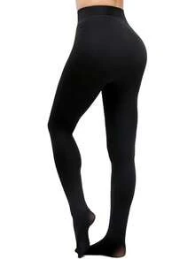 Fleece Lined Sheer Warm Pantyhose Leggings Translucent Thermal Winter Thick Tights Dresses, Women's Style 5FUO - 純黑色褲襪 - 查看 1