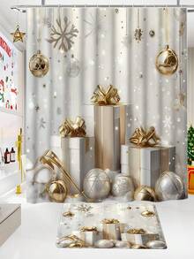 1/4 件套豪华金色圣诞浴帘套装，圣诞礼物，包含 12 个挂钩、防滑浴垫和 U 型马桶座套 - 适合冬季假日家居装饰 - 彩色 - 查看 8