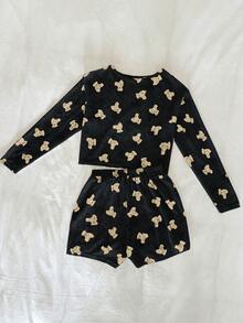 Nina Bonheur 2件套女士舒适镂空小熊印花长袖上衣和短裤睡衣套装 - 圆领上衣 + 侧开衩短裤睡衣，秋冬服装 - 黑色 - 查看 6