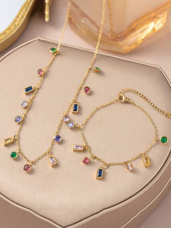 2pcs Luxury Colorful Rhinestone Dopamine Inspired Titanium Steel Necklace Set, Fashionable French Style Choker Necklace For Women, No Gift Box