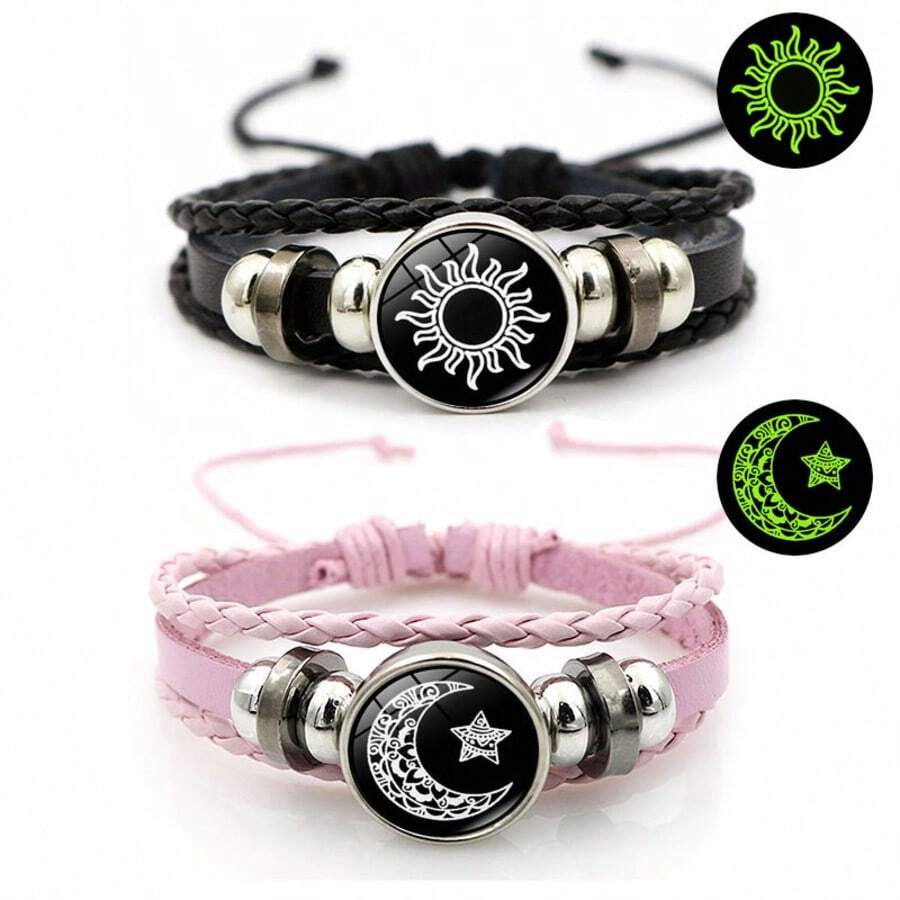 The Design Of The KIYSI Retro Punk Bracelet Features A Golden Sun And Moon, A Black Account With Silver-White Details And A Black Tone. The Elegant Jewelry Boy's Warning Line Is Suitable For Daily Use During Festivals, Valentine's Day Gifts