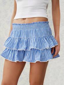 Womens Tiered Ruffled Short Skirts Plaid Print Smocked Waist Lacy Trim Cute Mini Skirts - Blue - View 3
