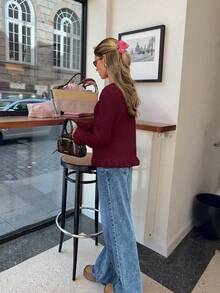 FOR BEAUTY Autumn And Winter New Burgundy Red Solid Color Simple V-Neck Long Sleeve Knitted Sweater For Women, Fashionable And Elegant Commute Frill Edge Cardigan, Versatile Slim Daily Casual Cardigan Top. New Year - màu đỏ đậm - Xem 2