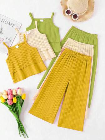 6件套女童休闲纯色吊带背心和阔腿裤户外套装，春夏