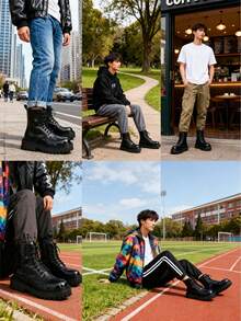 Botas negro para hombre, Botas casuales de caña alta para hombres, Botas De Trabajo Multifuncional - de media pantorrilla con punta redonda, con cordones y cremallera lateral, botines de moda para exteriores y senderismo, combina con chaqueta - Negro - Ver 11