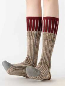 1 Pair Retro American Preppy Style Knee,High Socks, Colorblock Houndstooth & Plaid Pattern, Suitable For Early Autumn, Cozy Socks - Multicolor - View 10