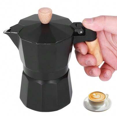 Italian Espresso Stove Top Moka Percolator Pot Coffee Maker 4 Cups Black 190*115mm Aluminum Body Heat Resistant Wooden Handle Safety Valve Compatible With Electrical Gas Ceramic Camping Stove