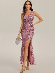 EVERPRETTY Romantic V-Neck Sleeveless Ruched Graceful Long Dusty Pink Formal Dress Heavily Sequined Evening Gown For Evening Party - Dusty Pink - View 1