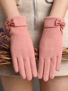 1 par de guantes cálidos con decoración de lazo, compatibles con pantalla táctil, versátiles, de poliéster, para otoño/invierno