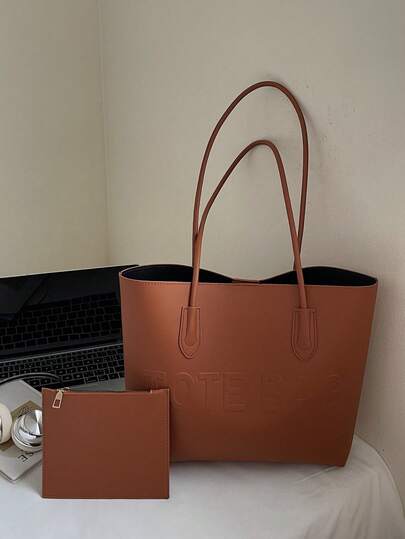 Embossed Letter Textured Large Capacity Tote Bag, Fashionable Retro Shoulder Handbag For Women