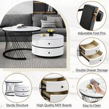 Elegant Set Of 2 White Coffee Tables, 60*60*46cm And 50*50*31cm, Round Tables With High Gloss Dermol Look, 2 Drawers, Load Capacity Up To 30kg, Combination Of Nestable Coffee Tables. - White + MDF - View 2