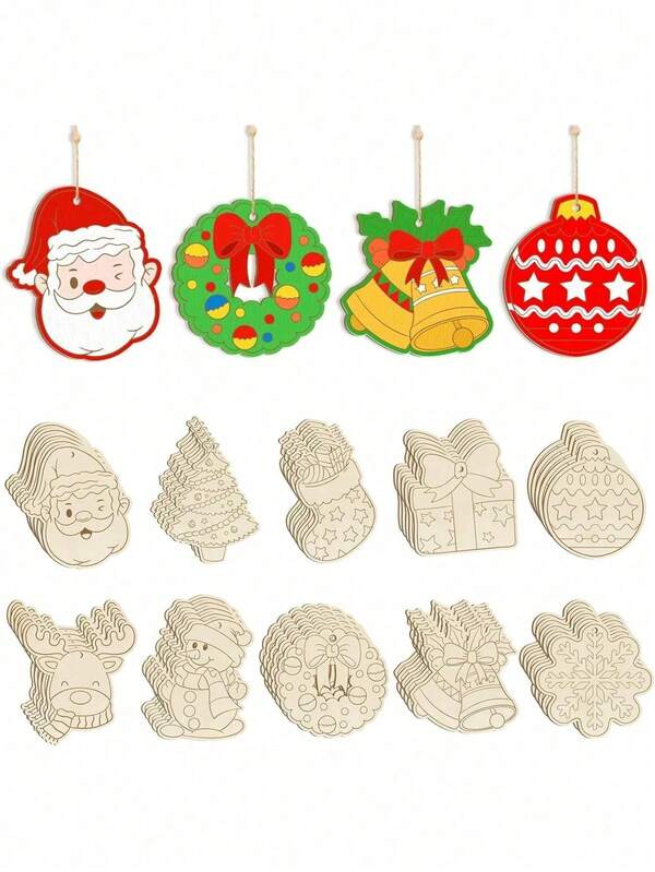 10 peças de decoração de Natal faça você mesmo, fatias de madeira pintadas à mão, inclui 1 adesivo de strass, 12 canetas coloridas, enfeite de árvore de Natal em madeira cortada a laser, pingente de pintura infantil