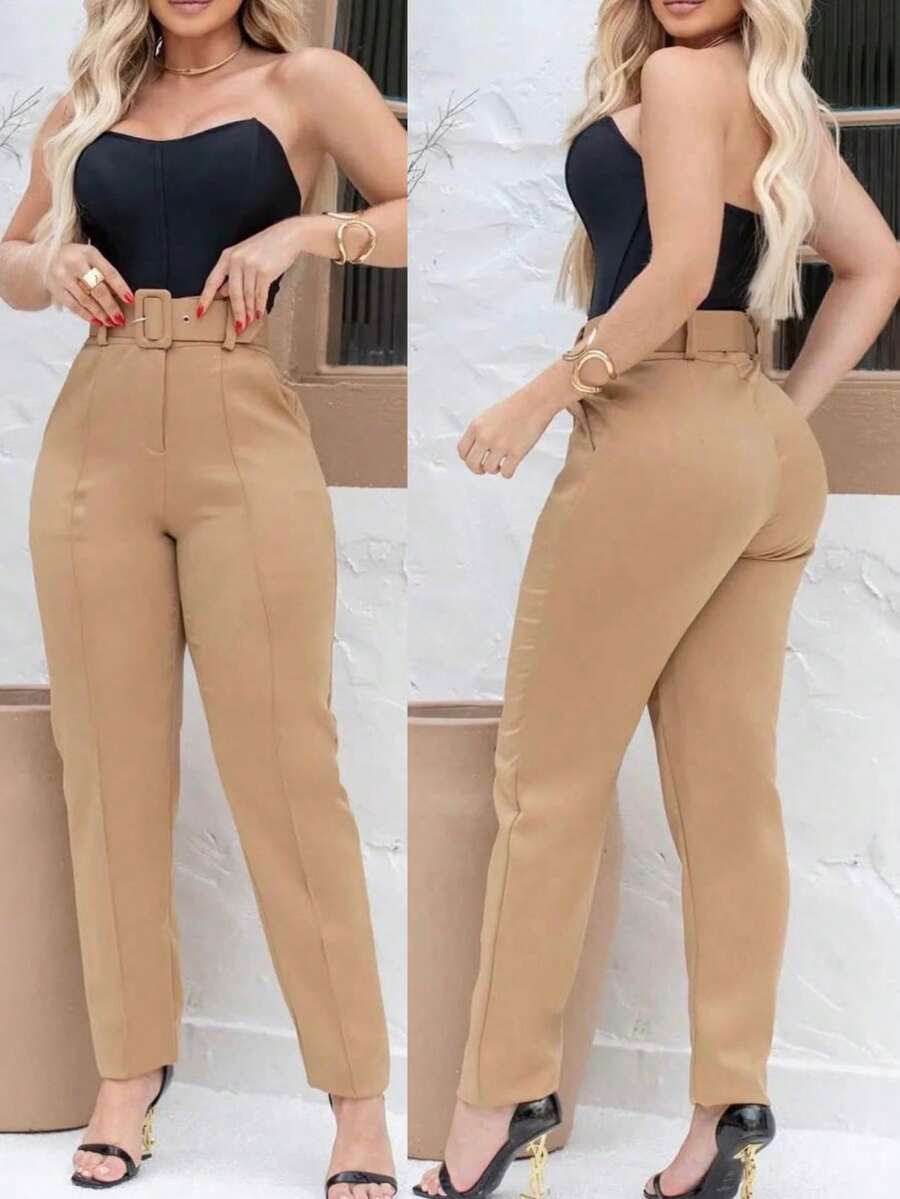 Women's High-Waisted Tailored Skinny Trousers - Beige - View 1