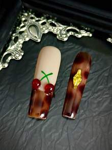 10pcs Glossy Y2K French Style Nail Stickers, Pink Nails, Red Nails, Light Blue Nails, Shiny Brown Nails, 3D Handmade Starfish & Shell Decor, 3D Hand-Painted Water Wave, Cherry, 3D Colorful Carved Flower Rectangle Acrylic Nails, Perfect For Bikini Beach Matching. - 摩卡棕 - 查看 6
