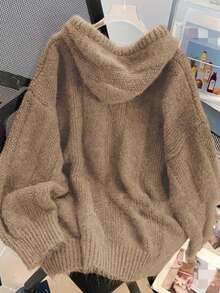 Solid Color Casual Minimalist Drawstring Hooded Pullover Sweater - Khaki - View 4