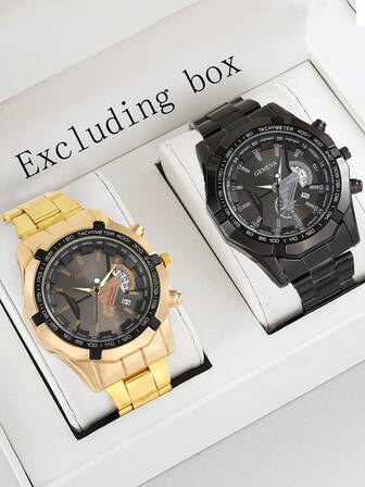 2 st/set icke-mekanisk herrklocka med överdimensionerad urtavla, rostfritt stålarmband, kalender, kreativt koncept