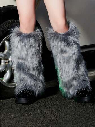 1 Pair Faux Fur Gray Leg Warmers, Fashionable Silver Metallic Costume For Jazz Dance Performance, Tech-Inspired Stage Show, Suitable For Halloween, Christmas