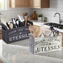 White/Black Cutlery Storage Jar, Country-Style Cutlery Holder For Boys, With 3 Compartments, Suitable For Kitchen Countertops, Wooden Kitchen Cutlery Organizer, Farmhouse-Style Wooden Cutlery Storage, Storage Box For Silverware, Forks, Spoons, And Spatulas - màu đen - Xem 10