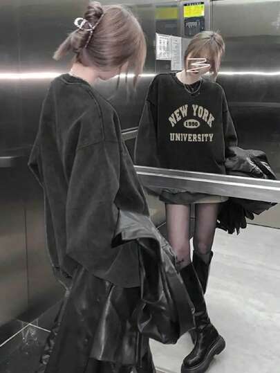 Women's Student Simple Classic Retro American Cotton Black Personalized Washed Y2K Daisy English Letter Print Loose Casual Daily Long Sleeve Top T-Shirt, Back To School Autumn/Winter T-Shirt