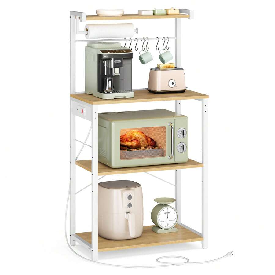 VASAGLE Kitchen Bakers Rack With Power Outlet, Coffee Bar 4-Tier With 8 S Hooks, Microwave Stand, Adjustable Shelf, For Small Spaces - 美規B型插(110-127V) - 查看 1