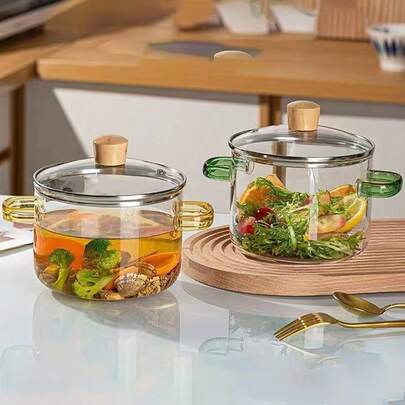 1,65L Glas Topf mit Deckel: Klare Glaspfanne mit Doppelgriff (Gelb/Grün), mikrowellengeeignet & hitzebeständig, universell für Suppe/Milch/Brei