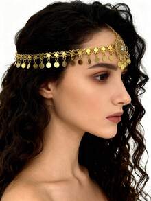 1pc Gold-Plated Round Crystal Hollow Pendant Headchain, Suitable For Middle Eastern Holiday, Daily Wear, Wedding, Party, Festival, Bridal Headpiece Accessory