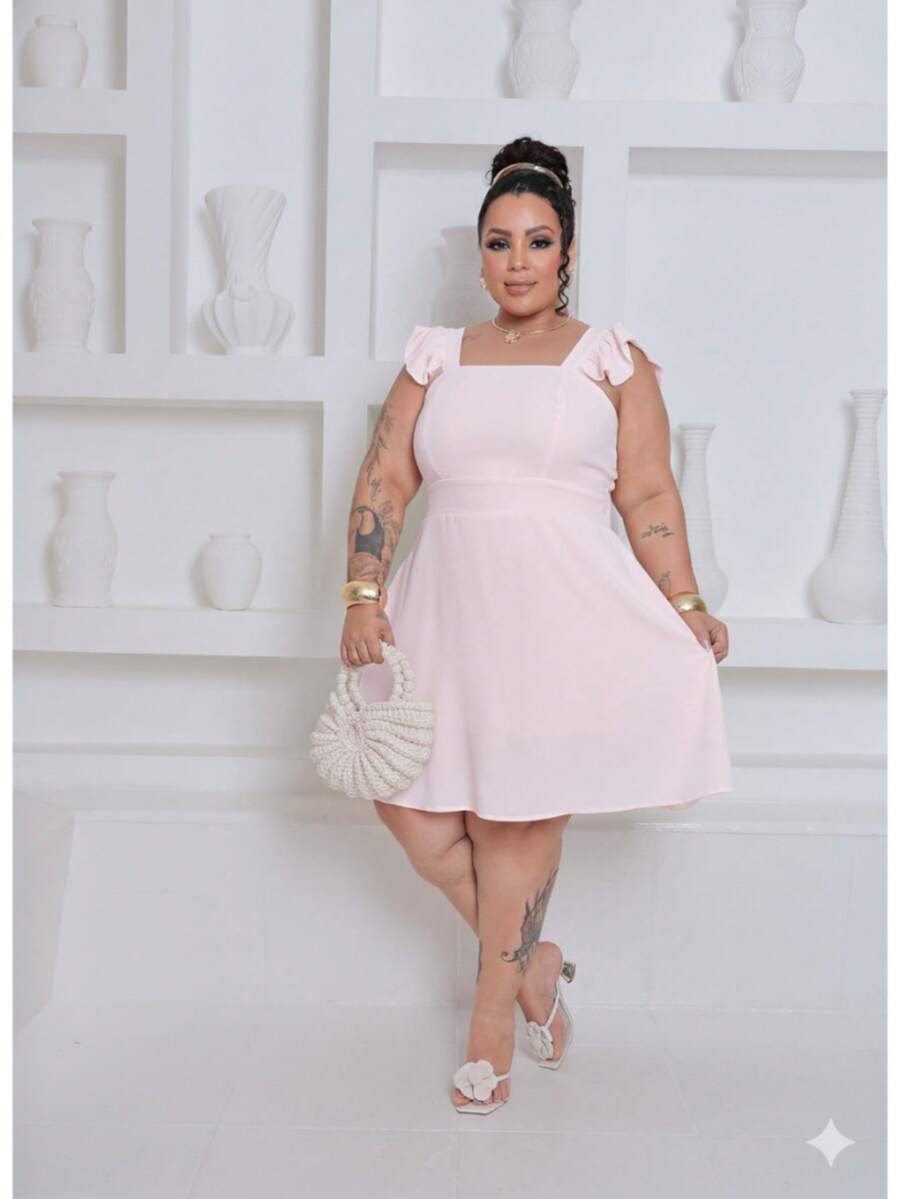 Plus Size Short Dress In Duna Fabric With Ruffled Straps And Elastic Back, Lined, Sizes GG G2 - White Off - View 1