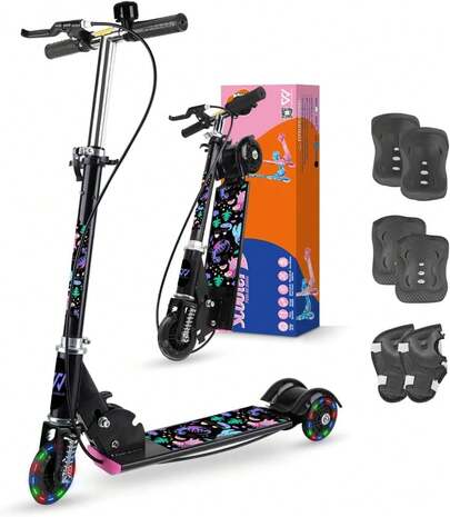 MUÜNSOY Patinete Plegable para Niños de 3+ Años, Patinete Infantil con 3 Ruedas Brillantes, Freno de Manillar, Altura Ajustable, Patinete Infantil con Campana, Caja de Regalo de Navidad