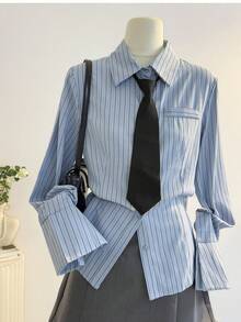 Spring Women's Collared Striped Cinching Waist Blouse With Flared Sleeves, Valentine's Day