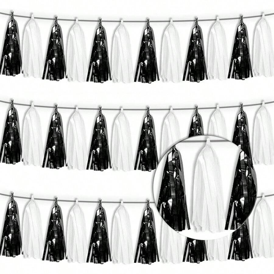 3P Metallic Fringe Tassel Banner Garland Foil Tinsel Streamer Wall Hanging Curtain Backdrop Banner For Parade Floats, Graduation Decorations, Father's Day Party Decoration(Silver)Halloween Christmas New Year - 黑色 白色 - 查看 1