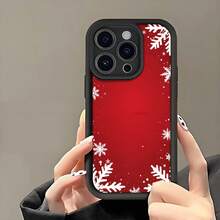 1PC Phone Case ,  Red Background Snowflake Pattern Border , Stylish Phone Case, Phone Decoration, All-around Lens Protection, Creative Small Gift, Funny Gift for Boys and Girls
