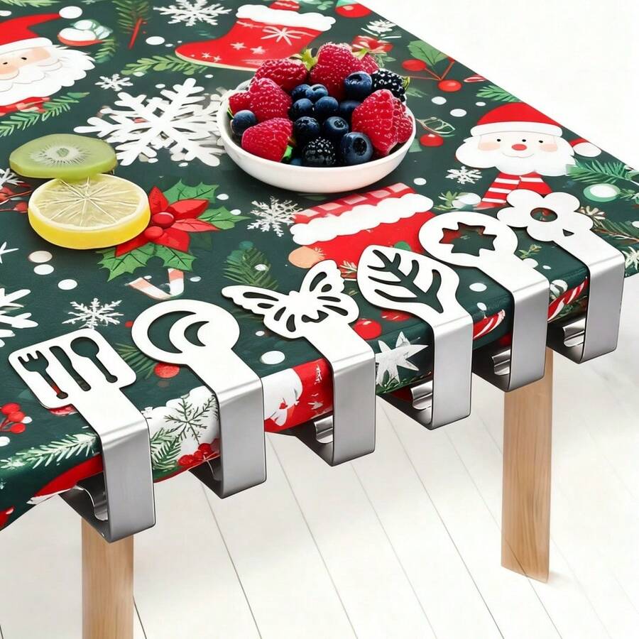 4/8/12pcs Tablecloth Clips, Stainless Steel Metal Tablecloth Clamps, Table Decor Clips, Sturdy & Easy To Use, Create Holiday Atmosphere, Leaf/Butterfly/Simulated Tableware Design - Silver - View 1